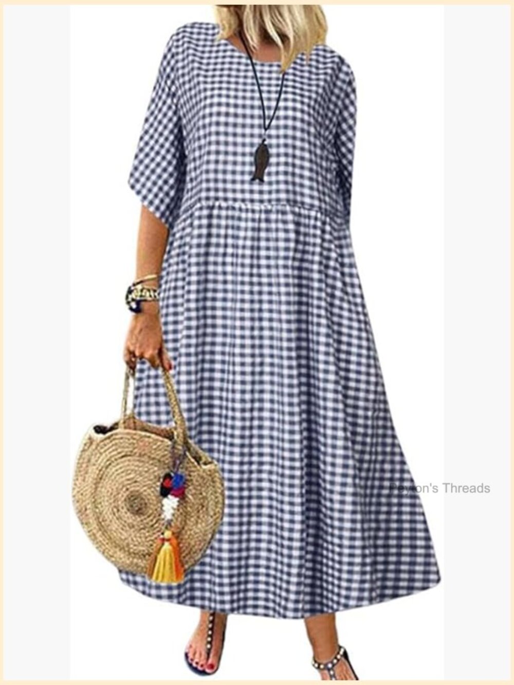 Casual Plaid Short Sleeve Crewneck Swing Flowy Midi Dress